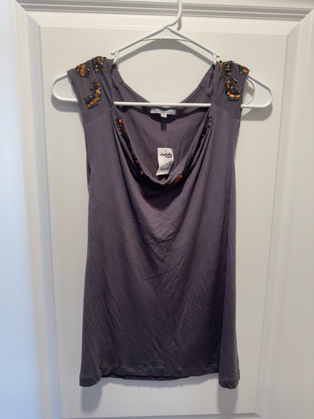 Charlotte Russe Gray Cowl Neck Tank with Beaded Shoulder Detail
